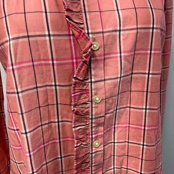 Loft Plaid Ruffle Button Up Blouse Pink Long Sleeve Women SP Preppy Spring New - Picture 4 of 15